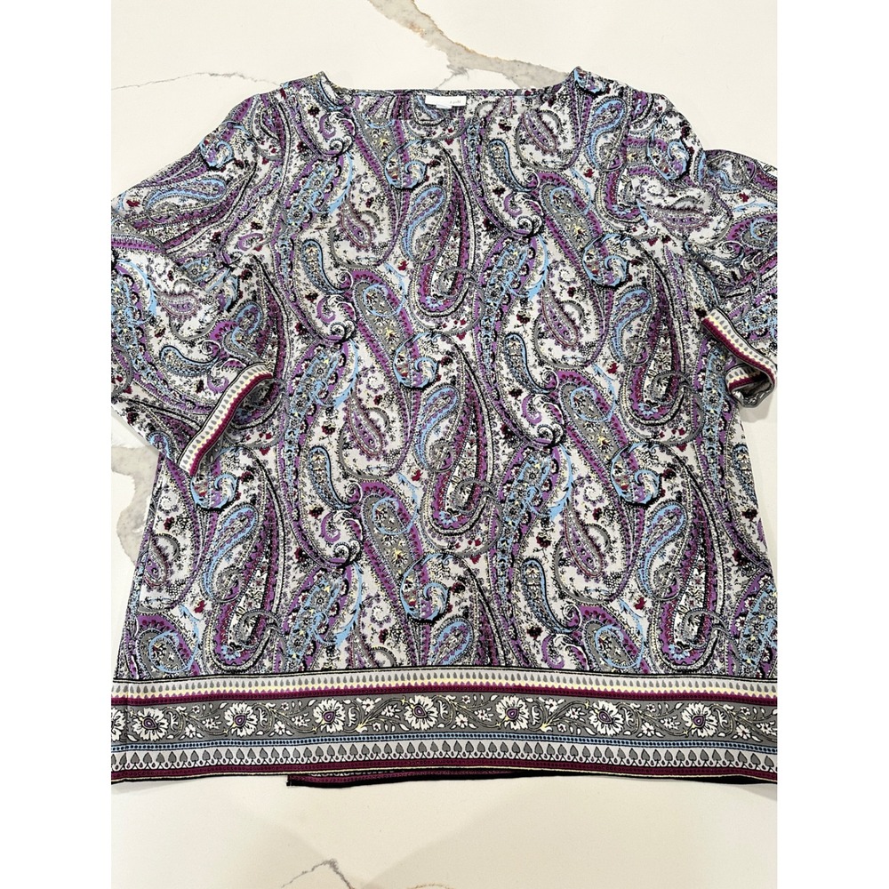 J. Jill Womens‎ Paisley Print Border Hem Blouse Purple Blue Grey M